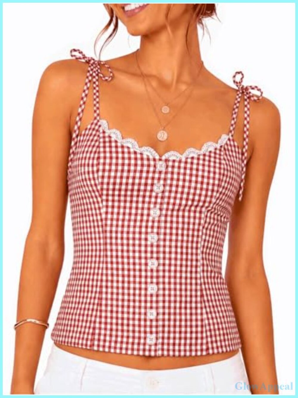 Womens Gingham Tie Strap Cami Top Lace Trim Button Front Summer Crop Tank